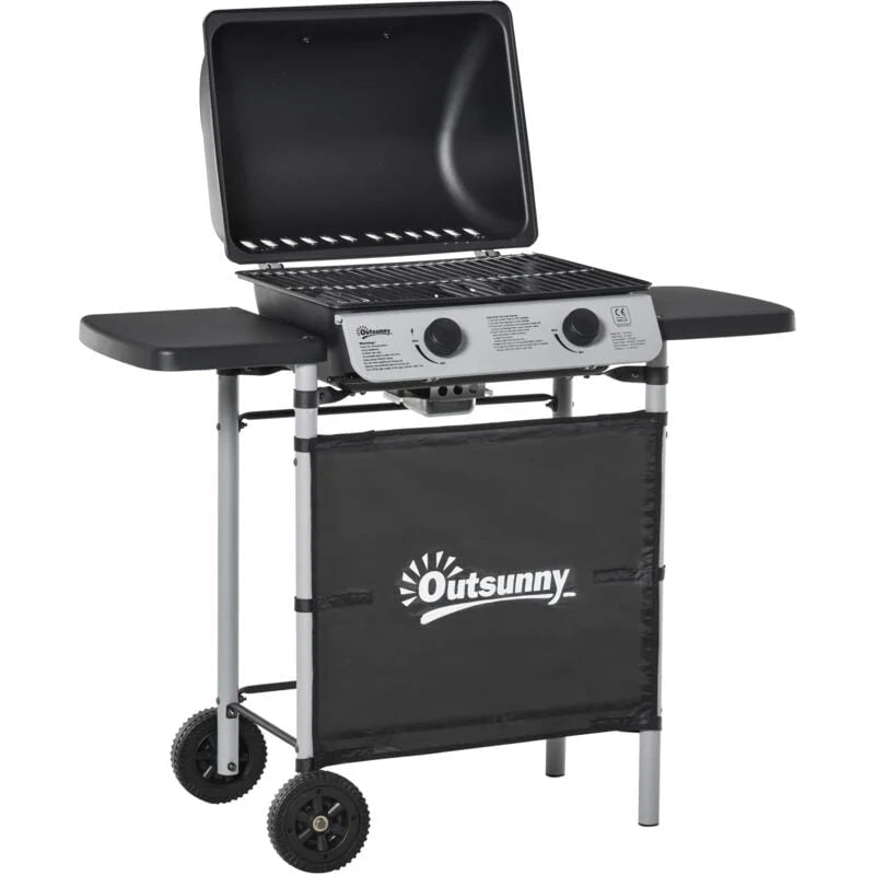 Gázgrill, 2 égős, 2,8 kW, oldalsó polcokkal és kerekekkel