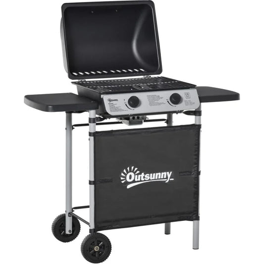 Gázgrill, 2 égős, 2,8 kW, oldalsó polcokkal és kerekekkel