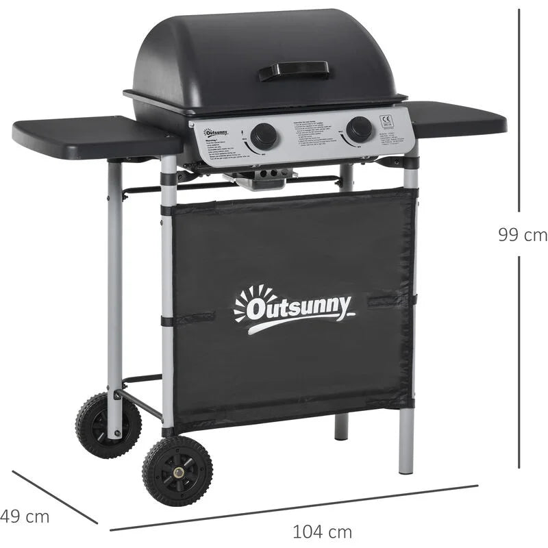 Gázgrill, 2 égős, 2,8 kW, oldalsó polcokkal és kerekekkel