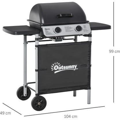 Gázgrill, 2 égős, 2,8 kW, oldalsó polcokkal és kerekekkel